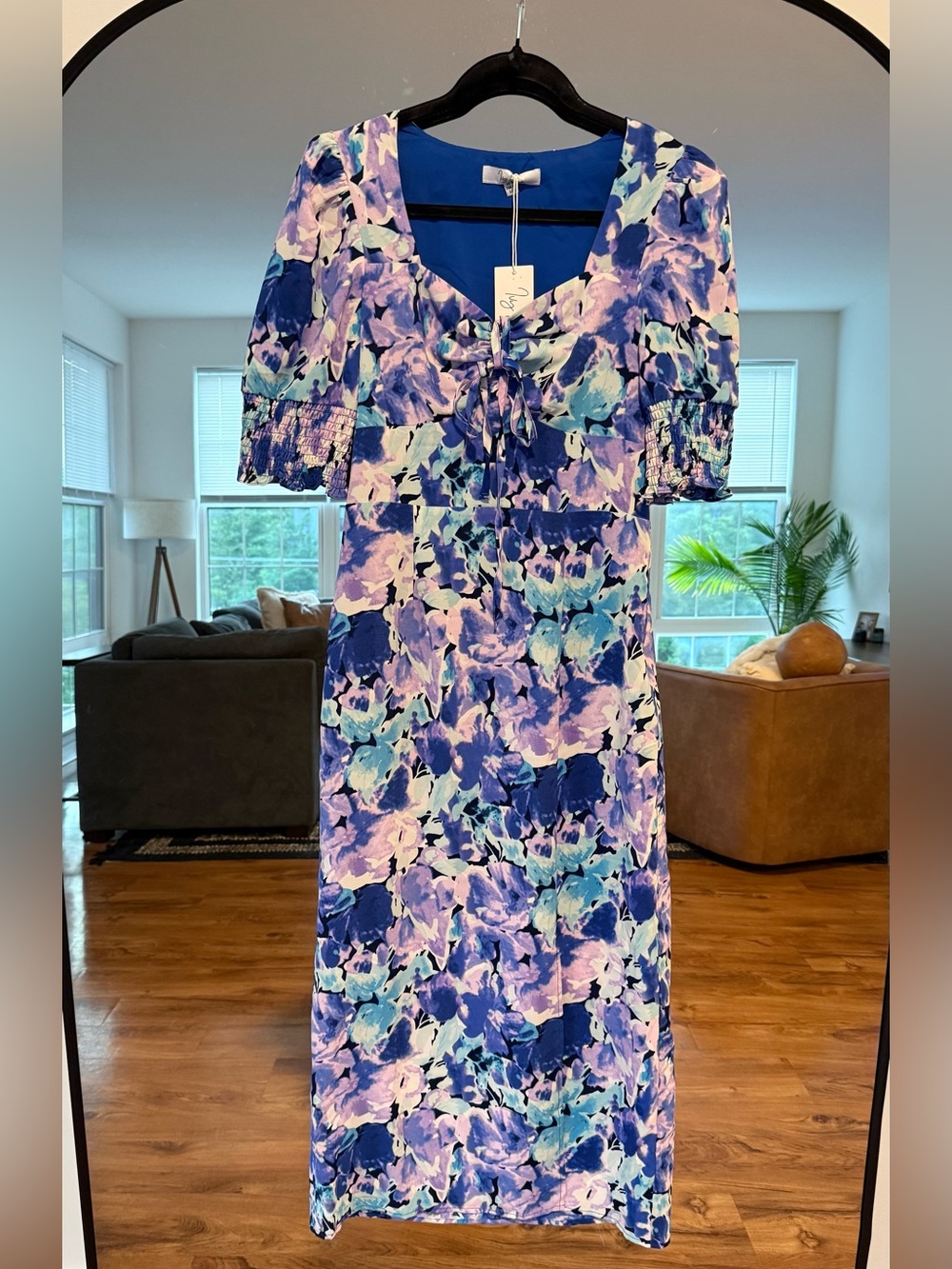 Tie-Front Floral Midi Dress in Blue and Lavender